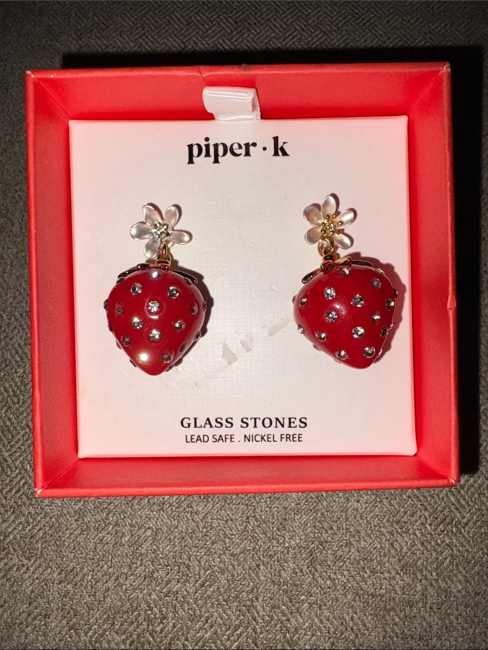 Piper Red Strawberry Drop Earrings with Gold Flower Posts